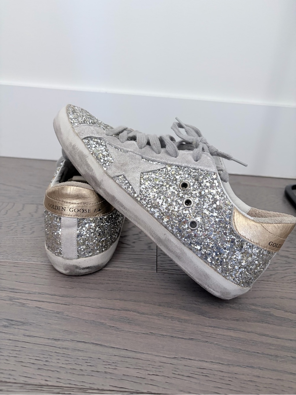 Golden Goose GGDB Super Star Silver Glitter Sneakers with Gold Heel LTD